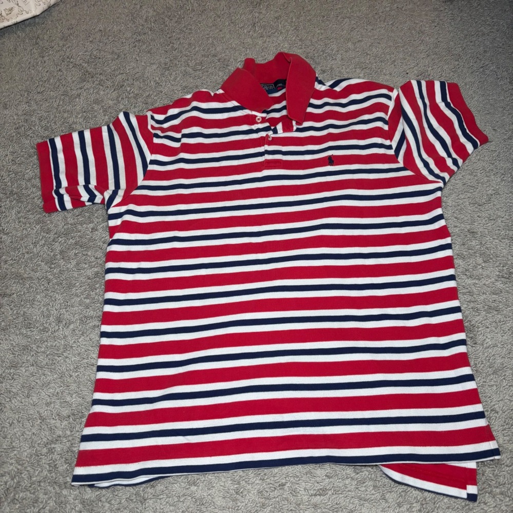 Polo Ralph Lauren Mens XL Striped Short Sleeve Polo Shirt Red White Navy Blue